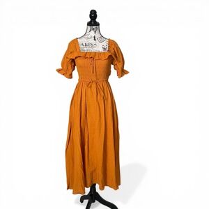 R.YIPOSHA Midi Dress Womens Sz M Orange Swiss Dot Smocked Ruffle Cottagecore